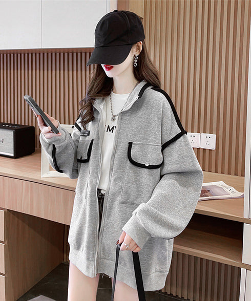 ジップアップパーカー 裏微起毛スウェット あったかトレーナー長袖 レディース ゆったり バイカラーパーカーフリース カジュアルトップス 羽織り ライトアウター秋冬 2YIGULI-033