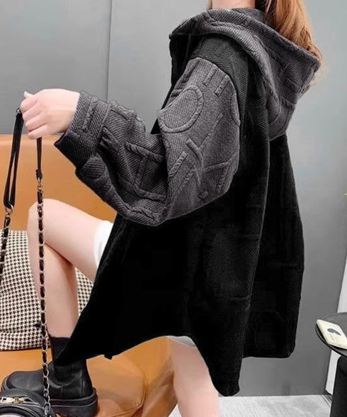 エンボスロゴパーカー韓国風前開きパーカー レディース フード付きトレーナー長袖 ビッグシルエットロングパーカー 羽織りライトアウターカジュアル 体型カバーゆったり 2YIGULI-034