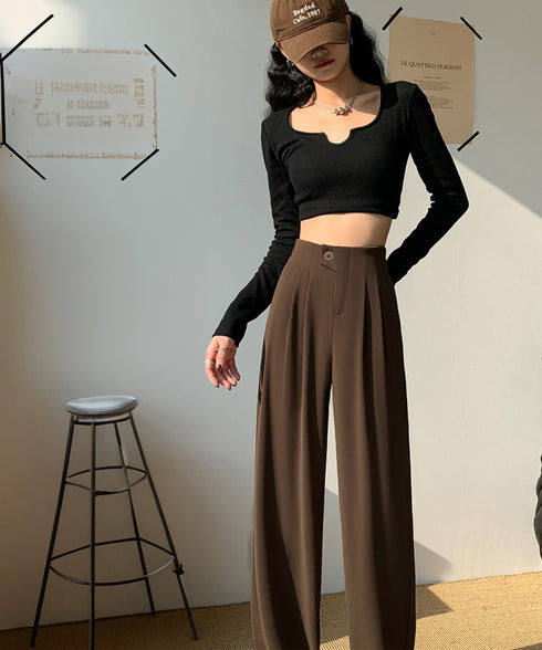 ハイウエストスラックス セミワイドパンツ 着やせタックパンツレディース 韓国風 通勤ロングパンツ オフィスカジュアル ドレープパンツ 春夏薄手スーツパンツ美脚脚長 2YIGULI-036