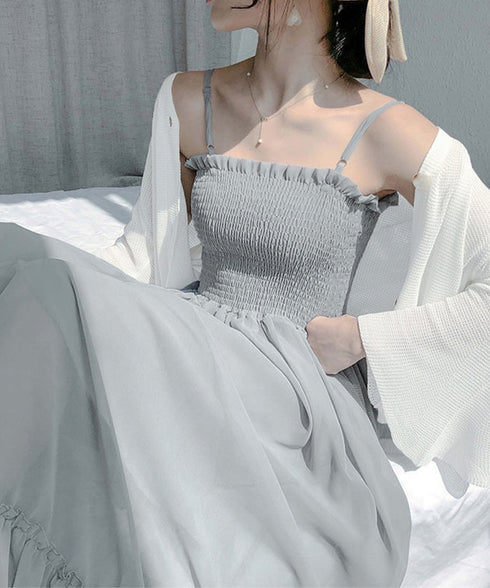 キャミワンピース カーディガン2点セット レディース フレアロングワンピ シアーカーディガン セットアップ 韓国風春夏服シャーリングワンピ 大人可愛い羽織り透け感 2YIGULI-037