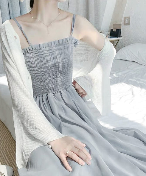 キャミワンピース カーディガン2点セット レディース フレアロングワンピ シアーカーディガン セットアップ 韓国風春夏服シャーリングワンピ 大人可愛い羽織り透け感 2YIGULI-037