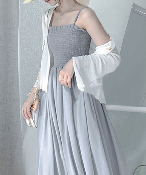 キャミワンピース カーディガン2点セット レディース フレアロングワンピ シアーカーディガン セットアップ 韓国風春夏服シャーリングワンピ 大人可愛い羽織り透け感 2YIGULI-037