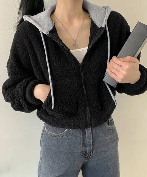 暖かいボアパーカー ジップアップブルゾン 韓国風 ふわふわフーディ ショート丈パーカー レディース クロップド 厚手フリースジャケットもこもこ ライトアウター軽量 2YIGULI-038