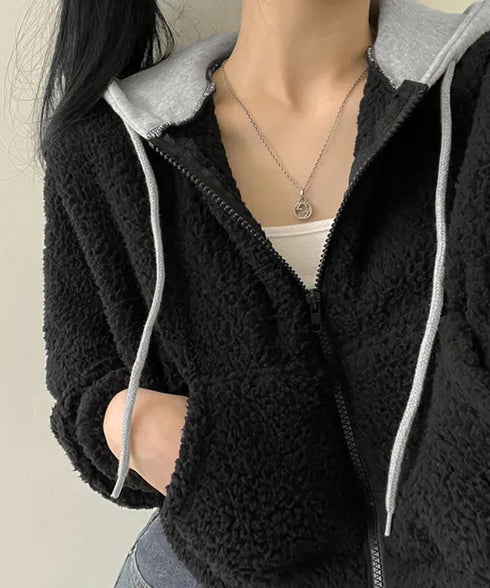 暖かいボアパーカー ジップアップブルゾン 韓国風 ふわふわフーディ ショート丈パーカー レディース クロップド 厚手フリースジャケットもこもこ ライトアウター軽量 2YIGULI-038