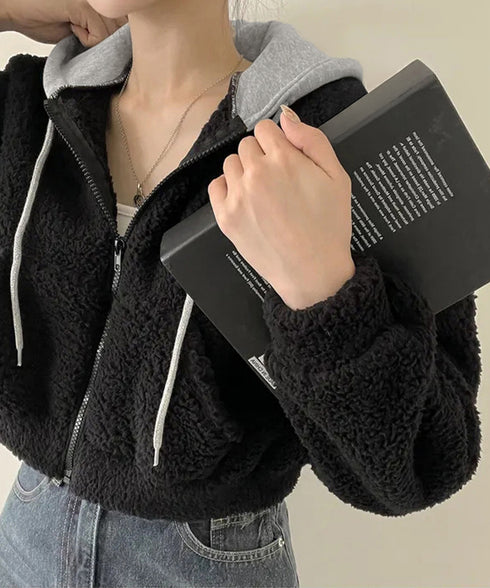 暖かいボアパーカー ジップアップブルゾン 韓国風 ふわふわフーディ ショート丈パーカー レディース クロップド 厚手フリースジャケットもこもこ ライトアウター軽量 2YIGULI-038