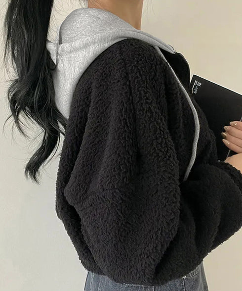 暖かいボアパーカー ジップアップブルゾン 韓国風 ふわふわフーディ ショート丈パーカー レディース クロップド 厚手フリースジャケットもこもこ ライトアウター軽量 2YIGULI-038