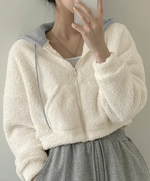 暖かいボアパーカー ジップアップブルゾン 韓国風 ふわふわフーディ ショート丈パーカー レディース クロップド 厚手フリースジャケットもこもこ ライトアウター軽量 2YIGULI-038