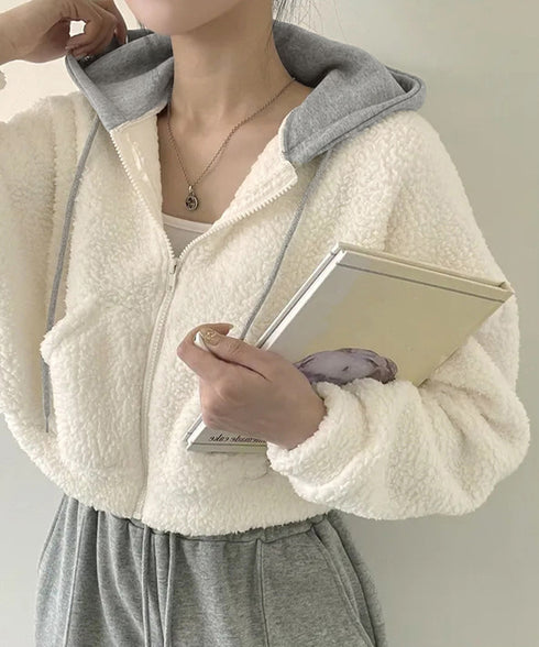 暖かいボアパーカー ジップアップブルゾン 韓国風 ふわふわフーディ ショート丈パーカー レディース クロップド 厚手フリースジャケットもこもこ ライトアウター軽量 2YIGULI-038