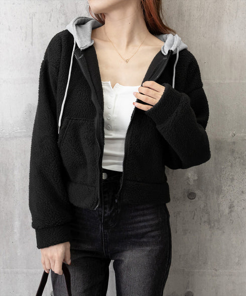 暖かいボアパーカー ジップアップブルゾン 韓国風 ふわふわフーディ ショート丈パーカー レディース クロップド 厚手フリースジャケットもこもこ ライトアウター軽量 2YIGULI-038