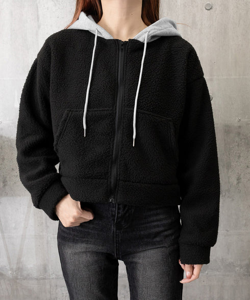 暖かいボアパーカー ジップアップブルゾン 韓国風 ふわふわフーディ ショート丈パーカー レディース クロップド 厚手フリースジャケットもこもこ ライトアウター軽量 2YIGULI-038