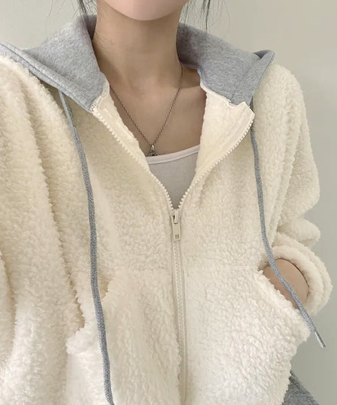 暖かいボアパーカー ジップアップブルゾン 韓国風 ふわふわフーディ ショート丈パーカー レディース クロップド 厚手フリースジャケットもこもこ ライトアウター軽量 2YIGULI-038