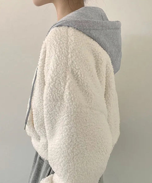 暖かいボアパーカー ジップアップブルゾン 韓国風 ふわふわフーディ ショート丈パーカー レディース クロップド 厚手フリースジャケットもこもこ ライトアウター軽量 2YIGULI-038