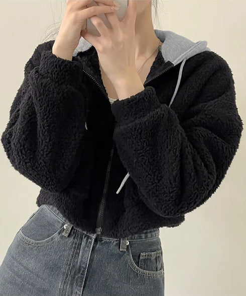 暖かいボアパーカー ジップアップブルゾン 韓国風 ふわふわフーディ ショート丈パーカー レディース クロップド 厚手フリースジャケットもこもこ ライトアウター軽量 2YIGULI-038