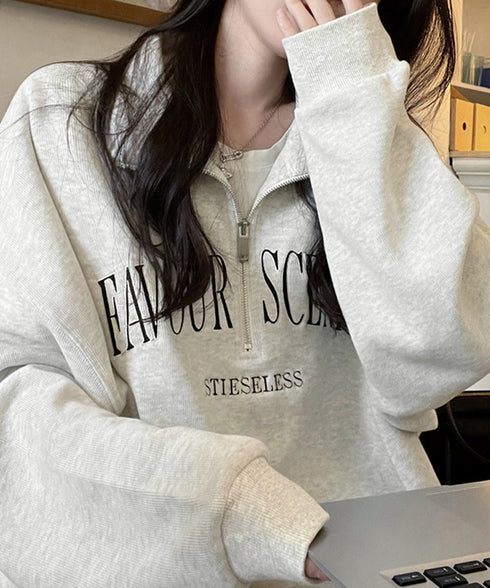 ロゴスウェットシャツ ポロカラー春秋薄手 ハーフジップ BF風トレーナー ゆったり オルチャン 長袖プルオーバー ビッグシルエット レディース カジュアルトップス 2YIKE-002