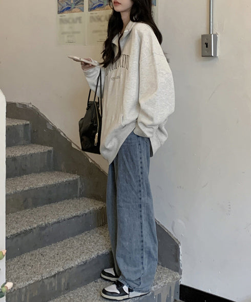 ロゴスウェットシャツ ポロカラー春秋薄手 ハーフジップ BF風トレーナー ゆったり オルチャン 長袖プルオーバー ビッグシルエット レディース カジュアルトップス 2YIKE-002