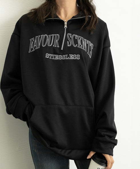 ロゴスウェットシャツ ポロカラー春秋薄手 ハーフジップ BF風トレーナー ゆったり オルチャン 長袖プルオーバー ビッグシルエット レディース カジュアルトップス 2YIKE-002