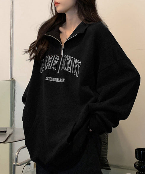 ロゴスウェットシャツ ポロカラー春秋薄手 ハーフジップ BF風トレーナー ゆったり オルチャン 長袖プルオーバー ビッグシルエット レディース カジュアルトップス 2YIKE-002