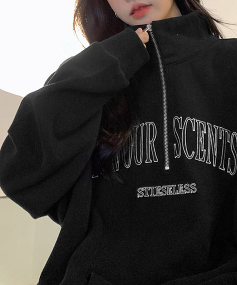 ロゴスウェットシャツ ポロカラー春秋薄手 ハーフジップ BF風トレーナー ゆったり オルチャン 長袖プルオーバー ビッグシルエット レディース カジュアルトップス 2YIKE-002