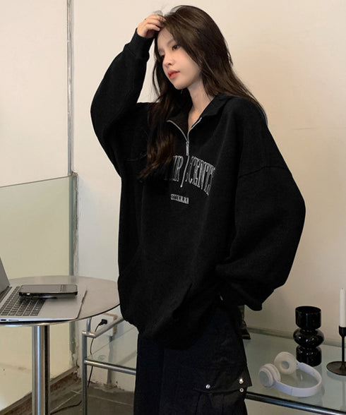 ロゴスウェットシャツ ポロカラー春秋薄手 ハーフジップ BF風トレーナー ゆったり オルチャン 長袖プルオーバー ビッグシルエット レディース カジュアルトップス 2YIKE-002