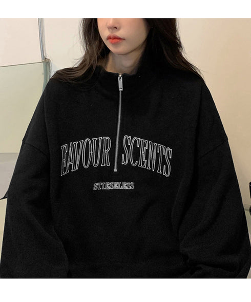 ロゴスウェットシャツ ポロカラー春秋薄手 ハーフジップ BF風トレーナー ゆったり オルチャン 長袖プルオーバー ビッグシルエット レディース カジュアルトップス 2YIKE-002