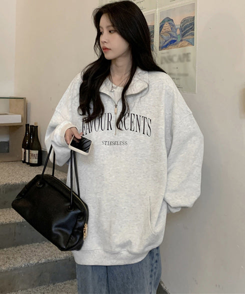 ロゴスウェットシャツ ポロカラー春秋薄手 ハーフジップ BF風トレーナー ゆったり オルチャン 長袖プルオーバー ビッグシルエット レディース カジュアルトップス 2YIKE-002