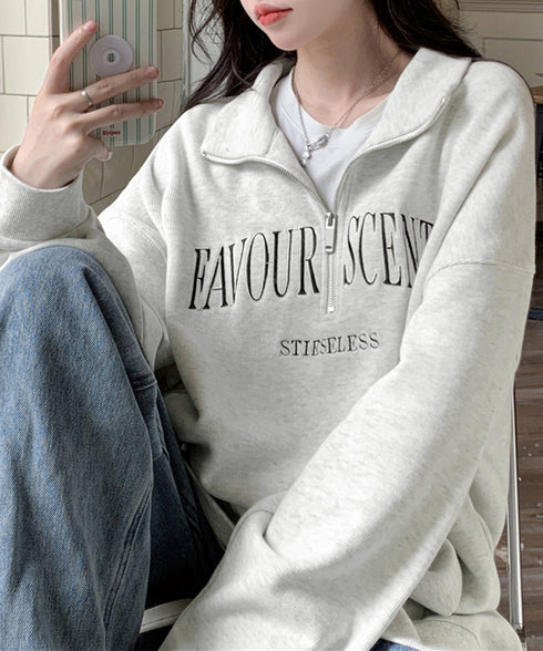 ロゴスウェットシャツ ポロカラー春秋薄手 ハーフジップ BF風トレーナー ゆったり オルチャン 長袖プルオーバー ビッグシルエット レディース カジュアルトップス 2YIKE-002