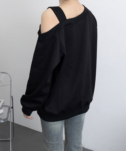 ワンショルダースウェットレディース韓国風 トレーナー レディース カジュアル 長袖プルオーバー 着やせトップス 体型カバー 肩出しロングtシャツ アンシンメトリー 2YIKE-004