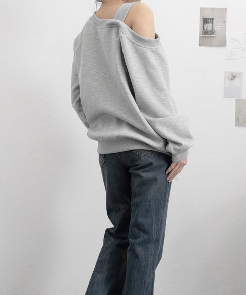 ワンショルダースウェットレディース韓国風 トレーナー レディース カジュアル 長袖プルオーバー 着やせトップス 体型カバー 肩出しロングtシャツ アンシンメトリー 2YIKE-004
