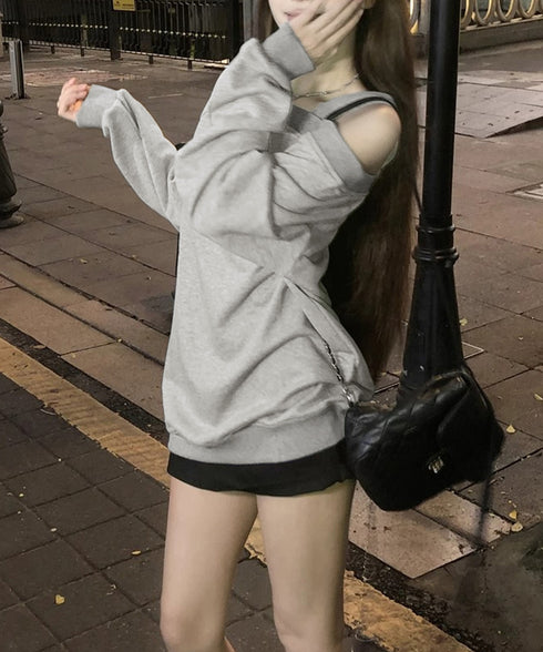 ワンショルダースウェットレディース韓国風 トレーナー レディース カジュアル 長袖プルオーバー 着やせトップス 体型カバー 肩出しロングtシャツ アンシンメトリー 2YIKE-004