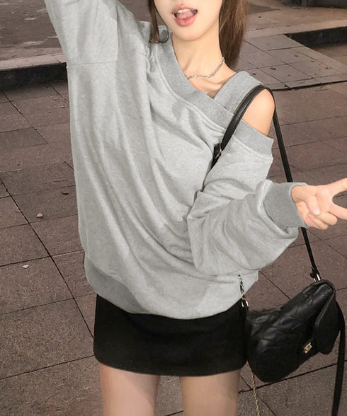 ワンショルダースウェットレディース韓国風 トレーナー レディース カジュアル 長袖プルオーバー 着やせトップス 体型カバー 肩出しロングtシャツ アンシンメトリー 2YIKE-004