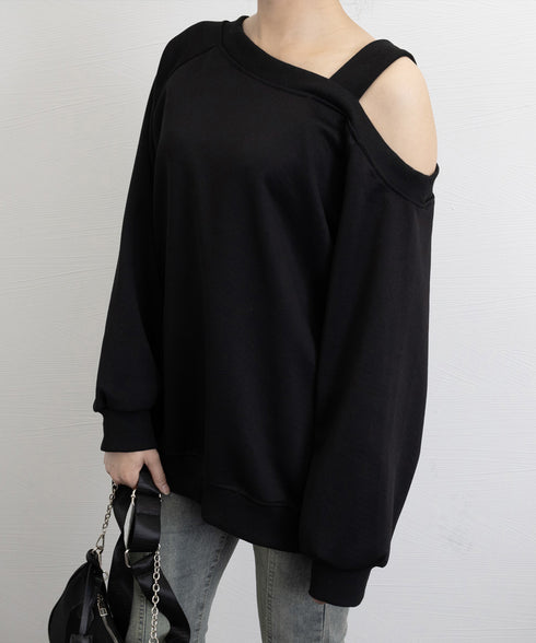ワンショルダースウェットレディース韓国風 トレーナー レディース カジュアル 長袖プルオーバー 着やせトップス 体型カバー 肩出しロングtシャツ アンシンメトリー 2YIKE-004