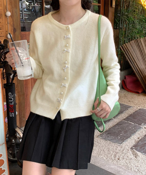 リボンニットカーディガンパールボタン無地 ニットセーターレディース クルーネック デザインニット ガーリーきれいめフェミニン秋服 韓国風 大人可愛いニットトップス 2YIKE-008
