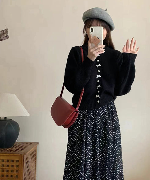 リボンニットカーディガンパールボタン無地 ニットセーターレディース クルーネック デザインニット ガーリーきれいめフェミニン秋服 韓国風 大人可愛いニットトップス 2YIKE-008