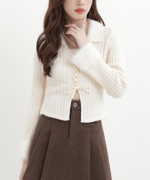 ファー襟 レースアップニットトップス配色 フェミニン ショート丈ニットセーター セクシーニット ふわふわエコファー切り替えトップス 細見えスリムニット 大人可愛い 2YIKE-009