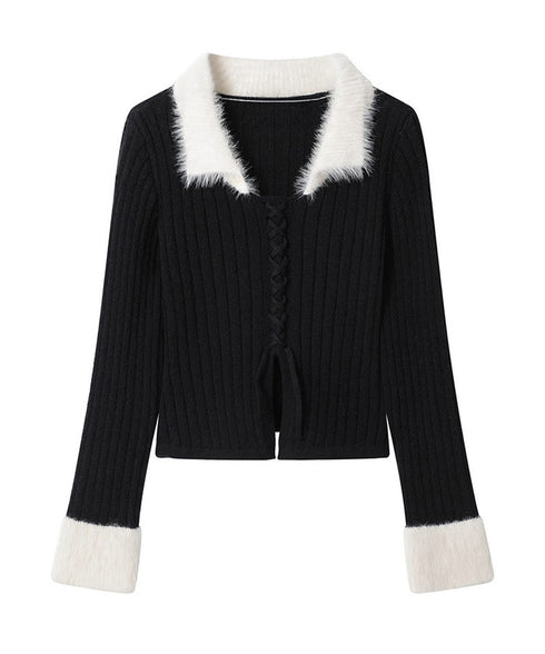 ファー襟 レースアップニットトップス配色 フェミニン ショート丈ニットセーター セクシーニット ふわふわエコファー切り替えトップス 細見えスリムニット 大人可愛い 2YIKE-009