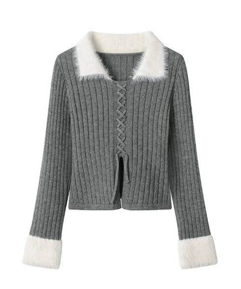 ファー襟 レースアップニットトップス配色 フェミニン ショート丈ニットセーター セクシーニット ふわふわエコファー切り替えトップス 細見えスリムニット 大人可愛い 2YIKE-009