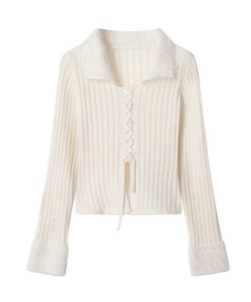 ファー襟 レースアップニットトップス配色 フェミニン ショート丈ニットセーター セクシーニット ふわふわエコファー切り替えトップス 細見えスリムニット 大人可愛い 2YIKE-009