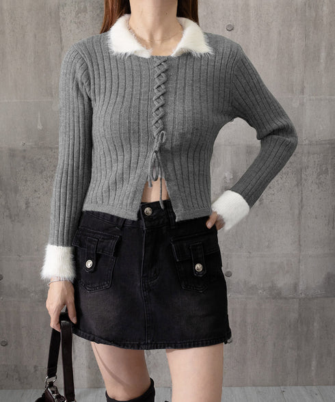 ファー襟 レースアップニットトップス配色 フェミニン ショート丈ニットセーター セクシーニット ふわふわエコファー切り替えトップス 細見えスリムニット 大人可愛い 2YIKE-009