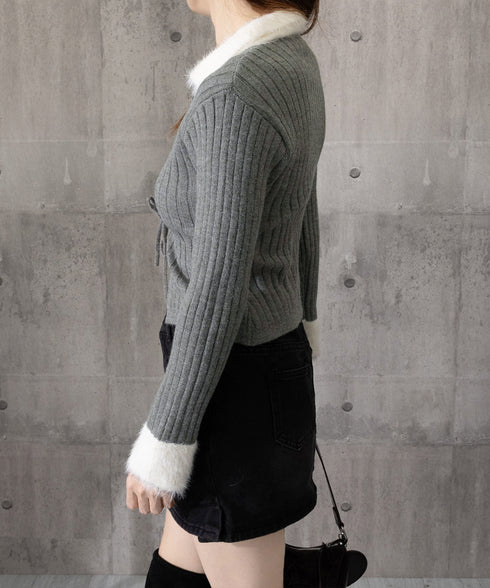 ファー襟 レースアップニットトップス配色 フェミニン ショート丈ニットセーター セクシーニット ふわふわエコファー切り替えトップス 細見えスリムニット 大人可愛い 2YIKE-009