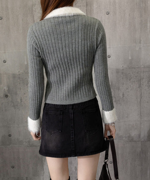 ファー襟 レースアップニットトップス配色 フェミニン ショート丈ニットセーター セクシーニット ふわふわエコファー切り替えトップス 細見えスリムニット 大人可愛い 2YIKE-009