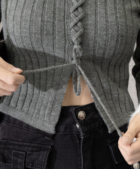 ファー襟 レースアップニットトップス配色 フェミニン ショート丈ニットセーター セクシーニット ふわふわエコファー切り替えトップス 細見えスリムニット 大人可愛い 2YIKE-009