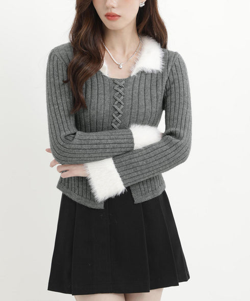 ファー襟 レースアップニットトップス配色 フェミニン ショート丈ニットセーター セクシーニット ふわふわエコファー切り替えトップス 細見えスリムニット 大人可愛い 2YIKE-009