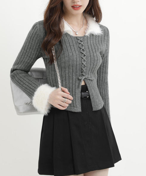 ファー襟 レースアップニットトップス配色 フェミニン ショート丈ニットセーター セクシーニット ふわふわエコファー切り替えトップス 細見えスリムニット 大人可愛い 2YIKE-009