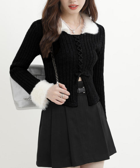 ファー襟 レースアップニットトップス配色 フェミニン ショート丈ニットセーター セクシーニット ふわふわエコファー切り替えトップス 細見えスリムニット 大人可愛い 2YIKE-009