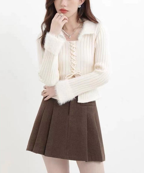 ファー襟 レースアップニットトップス配色 フェミニン ショート丈ニットセーター セクシーニット ふわふわエコファー切り替えトップス 細見えスリムニット 大人可愛い 2YIKE-009
