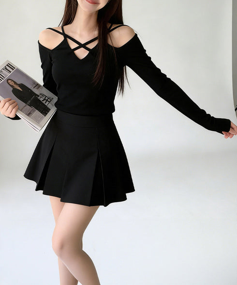 オフショルダーTシャツ クロスストラップ タイトトップス レディース 指穴付き フィットカットソー セクシー 肌見せインナートップス 着やせ 肩出しtシャツ 薄手 2YIKE-010