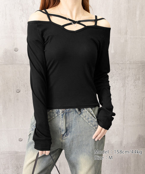 オフショルダーTシャツ クロスストラップ タイトトップス レディース 指穴付き フィットカットソー セクシー 肌見せインナートップス 着やせ 肩出しtシャツ 薄手 2YIKE-010