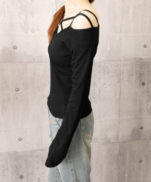 オフショルダーTシャツ クロスストラップ タイトトップス レディース 指穴付き フィットカットソー セクシー 肌見せインナートップス 着やせ 肩出しtシャツ 薄手 2YIKE-010