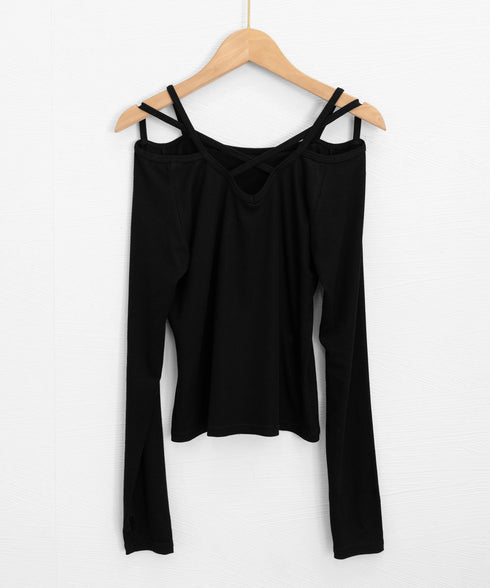オフショルダーTシャツ クロスストラップ タイトトップス レディース 指穴付き フィットカットソー セクシー 肌見せインナートップス 着やせ 肩出しtシャツ 薄手 2YIKE-010