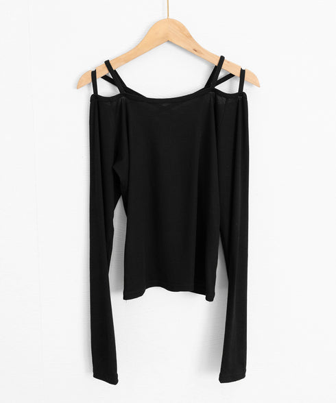 オフショルダーTシャツ クロスストラップ タイトトップス レディース 指穴付き フィットカットソー セクシー 肌見せインナートップス 着やせ 肩出しtシャツ 薄手 2YIKE-010